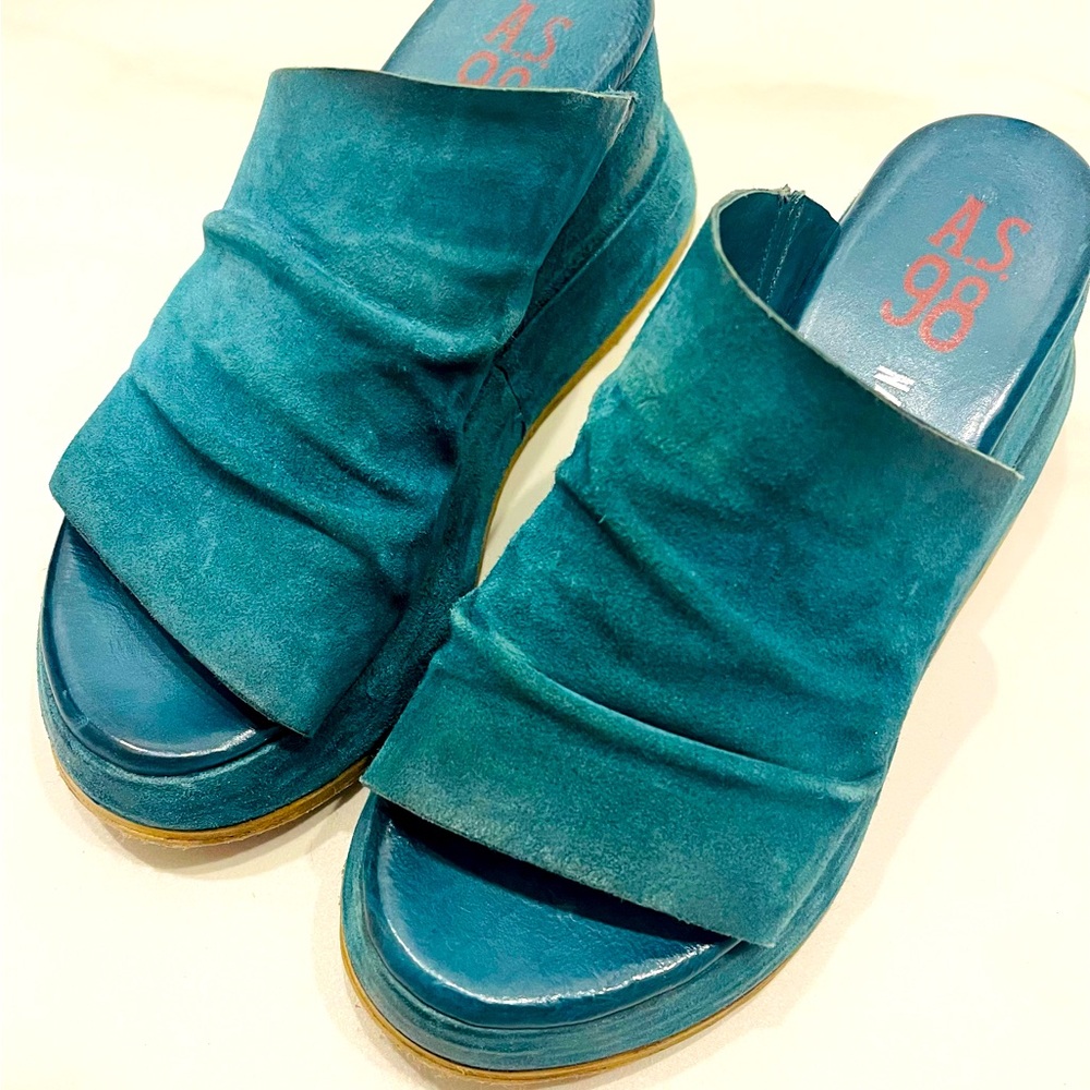A.S. 98 Teal Suede Platform Sandals Size 37 - Picture 2 of 10